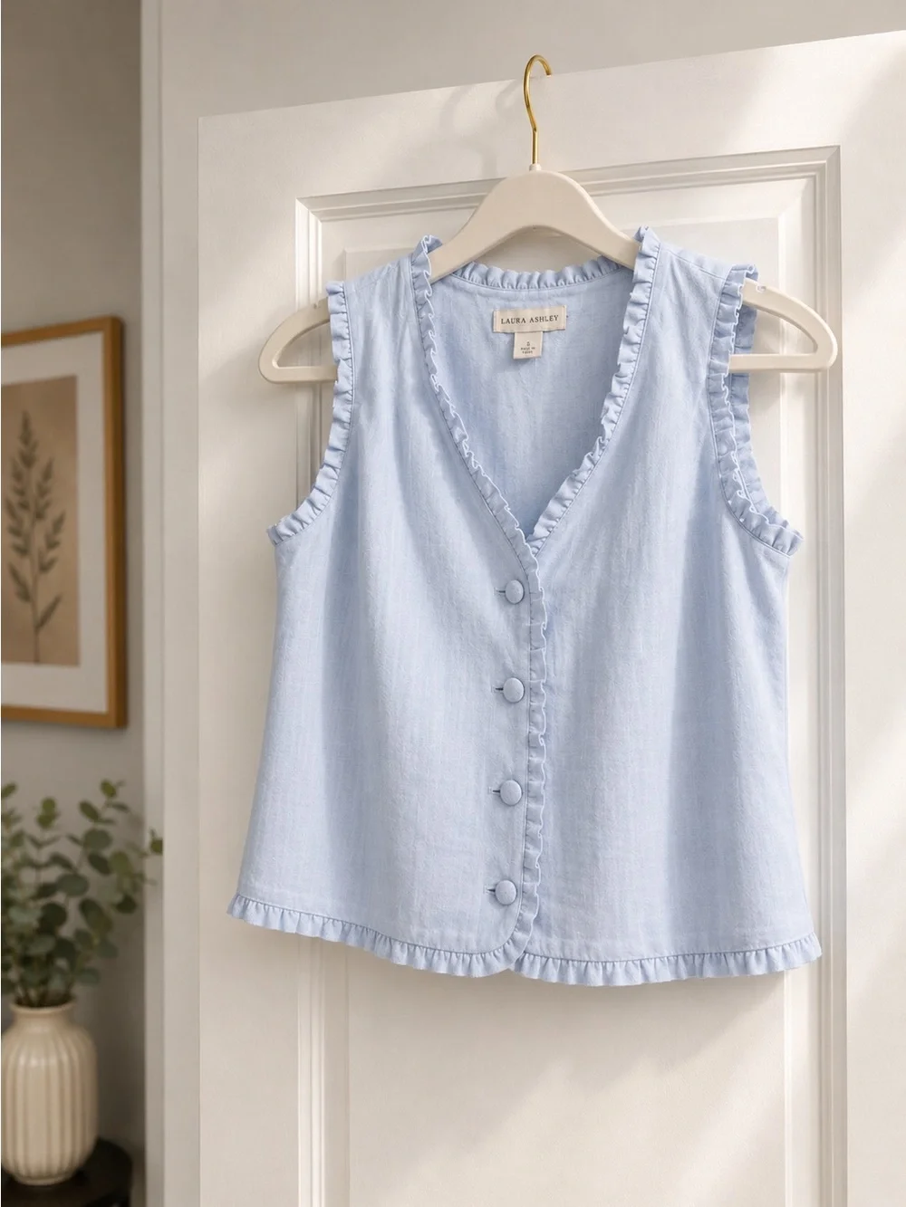 Laura Ashley Pale Blue Ruffle-Trim Button Front Sleeveless Top - Picture 1 of 1